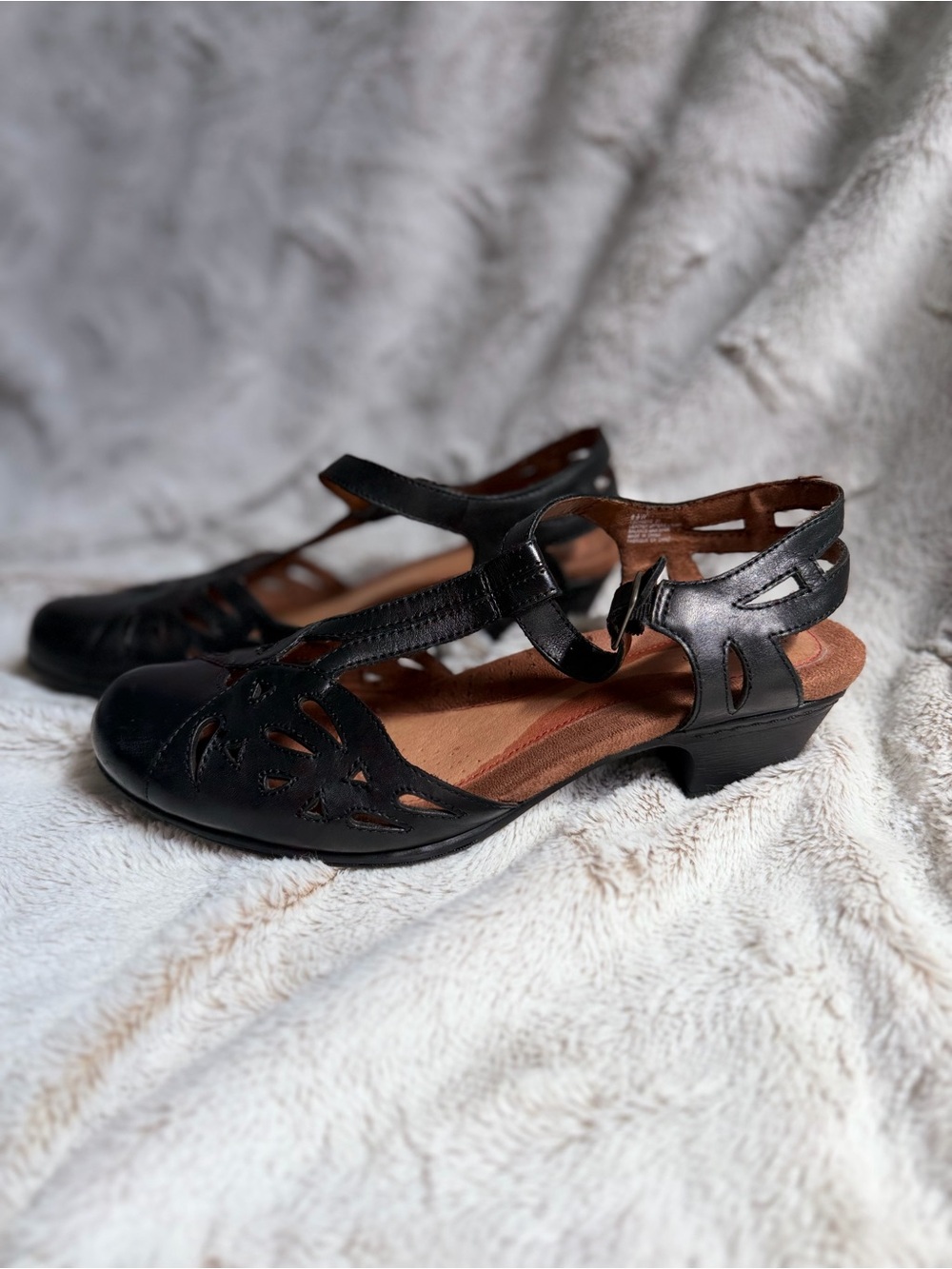 Rockport Black Leather Cutout Low Heel Sandals with Ankle Strap